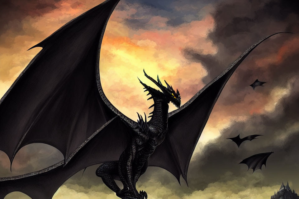 Black Dragon with Large Wings Silhouetted Against Dramatic Sunset Sky