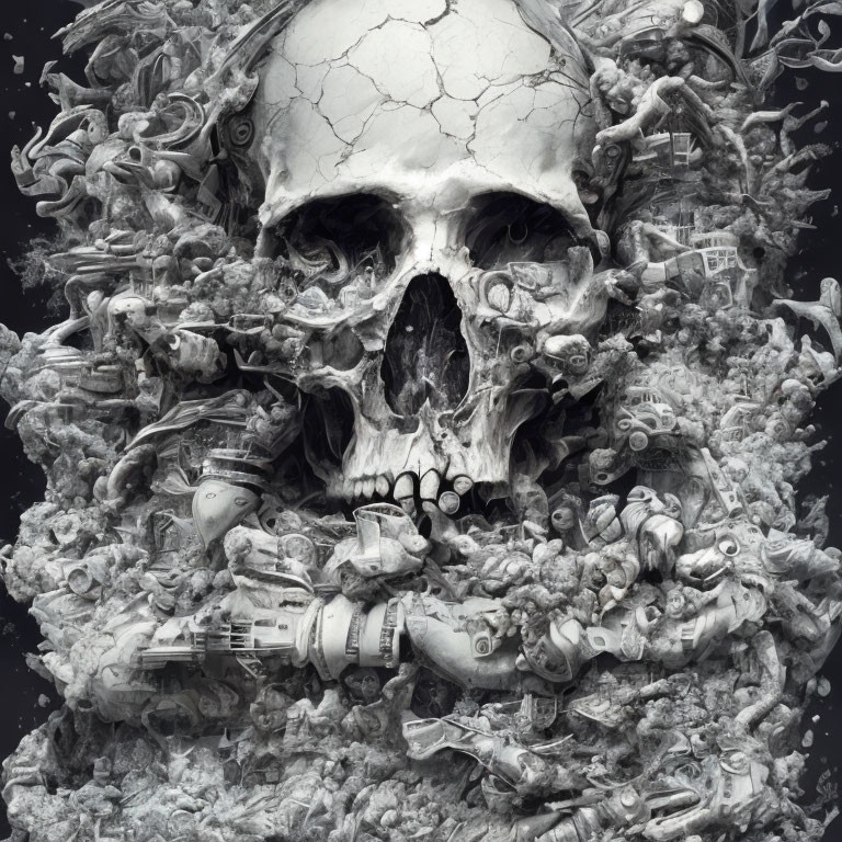 Monochrome artwork: Cracked skull amidst chaotic machinery and abstract elements