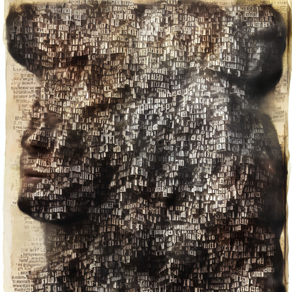 Textured portrait with newspaper clippings overlay on aged paper.