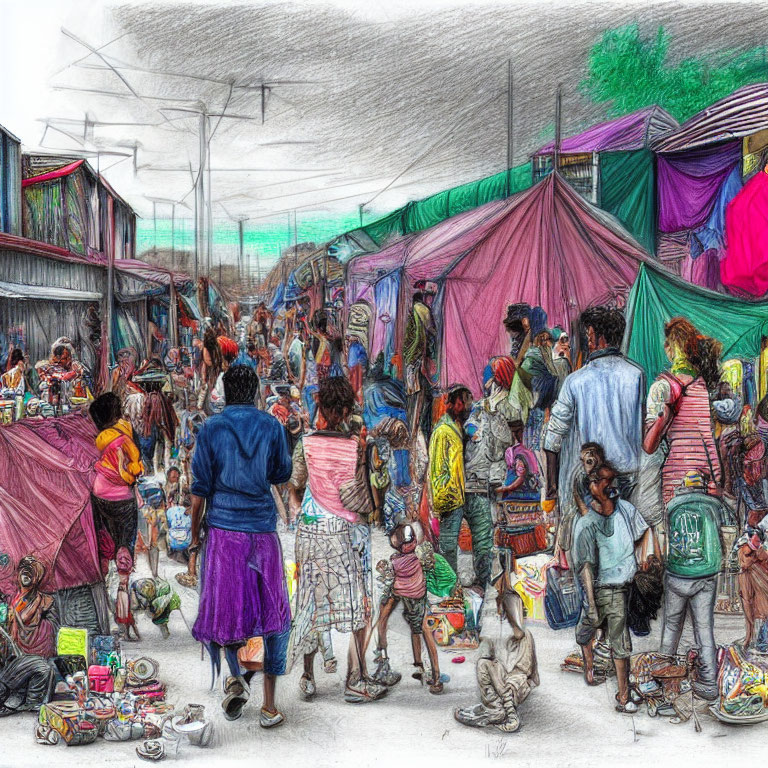 Bustling market scene with colorful stalls and diverse goods