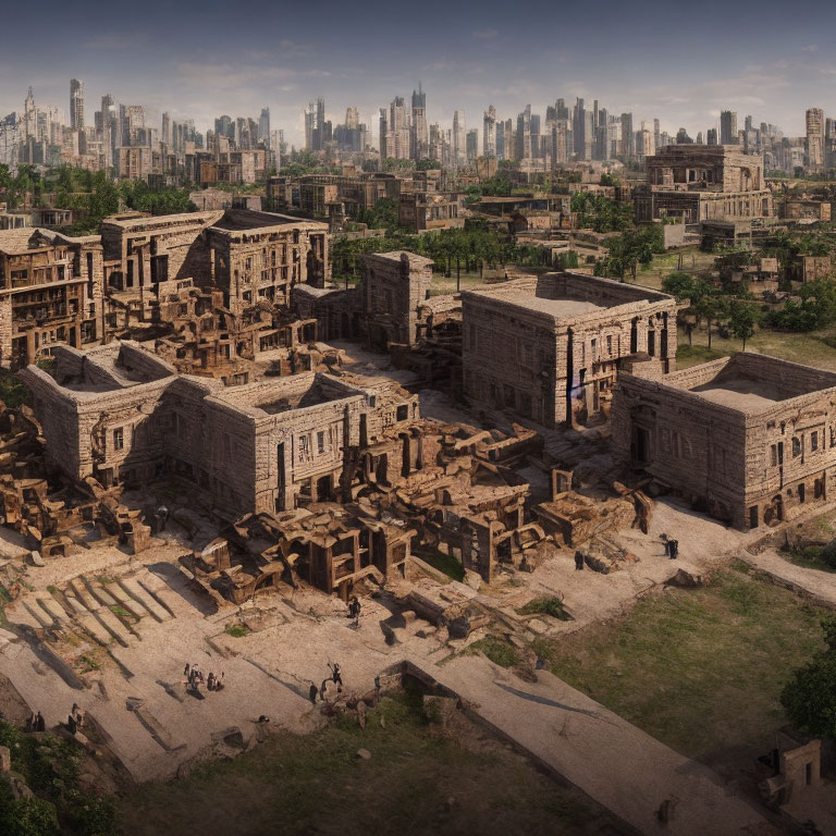 City skyline contrasts with ancient stone village under clear sky