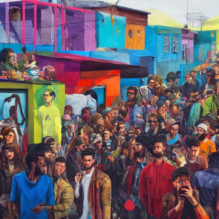 Colorful Street Scene Painting with Diverse People and Vibrant Houses