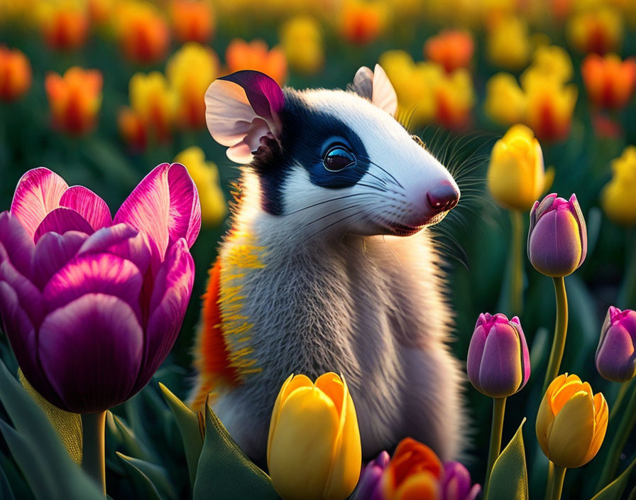 Digital Artwork: Possum with Large Eyes in Colorful Tulip Field