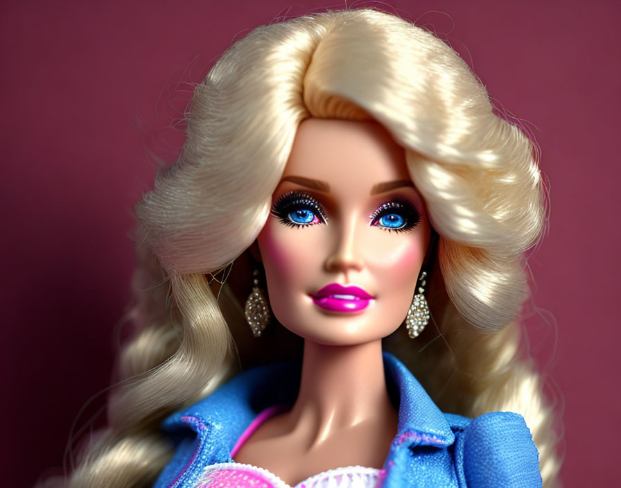 Blonde Barbie doll with blue eyes and blue jacket in close-up