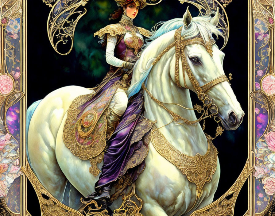 Regal woman in ornate attire on white horse with golden designs