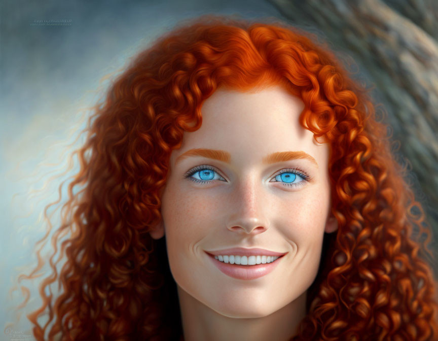 Vibrant red curly hair woman portrait with blue eyes and warm smile