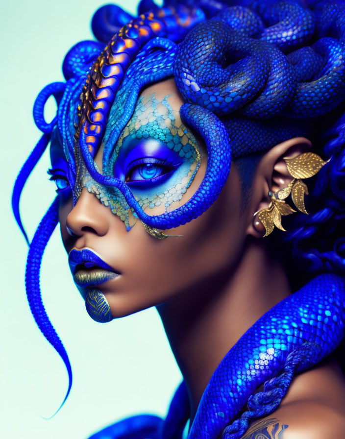 Fantasy portrait featuring person with blue skin and serpentine hair