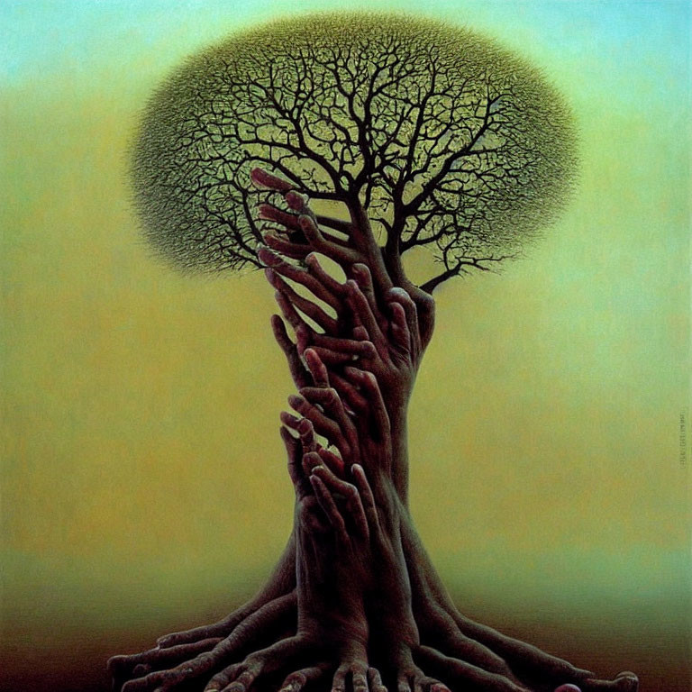 Surreal painting of tree with circular canopy and human hands