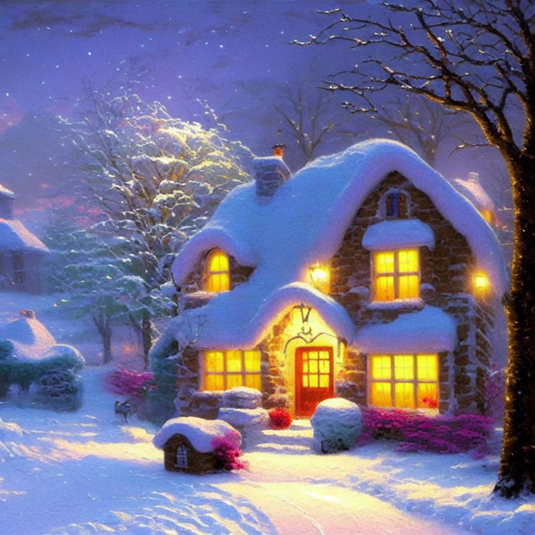 Snow-covered cottage at night with warm glowing windows
