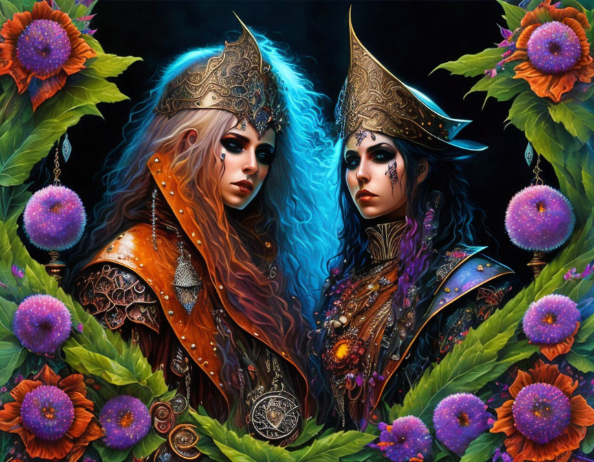 Regal fantasy figures in adorned armor with vibrant flowers