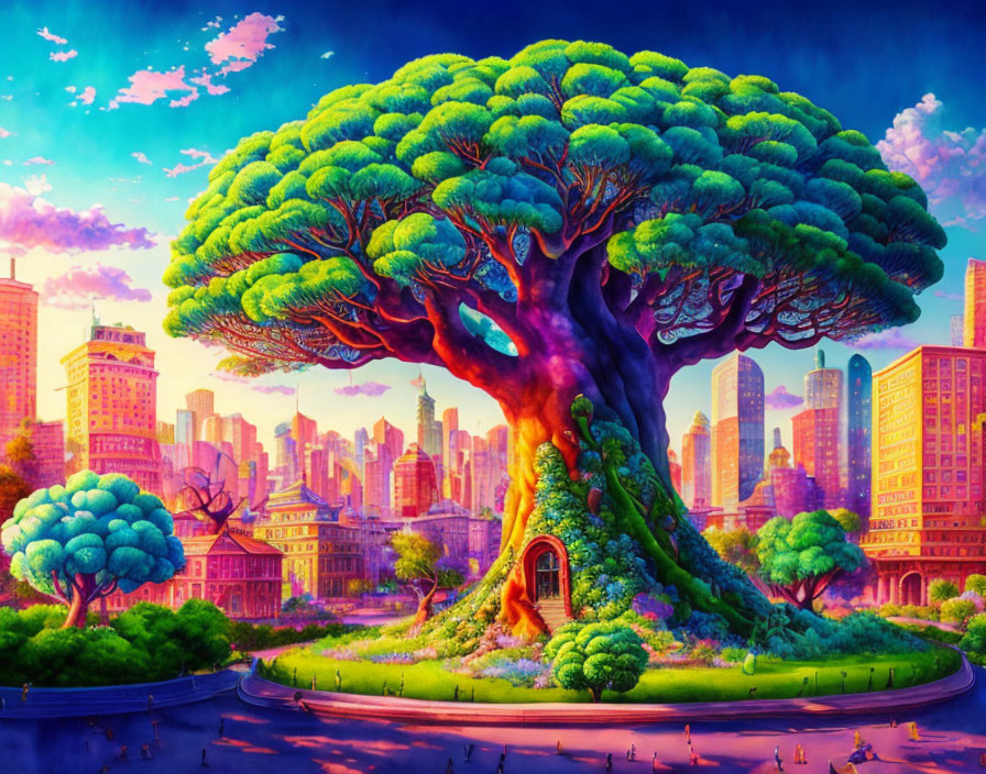 Surreal illustration: colossal tree with doorway in colorful cityscape