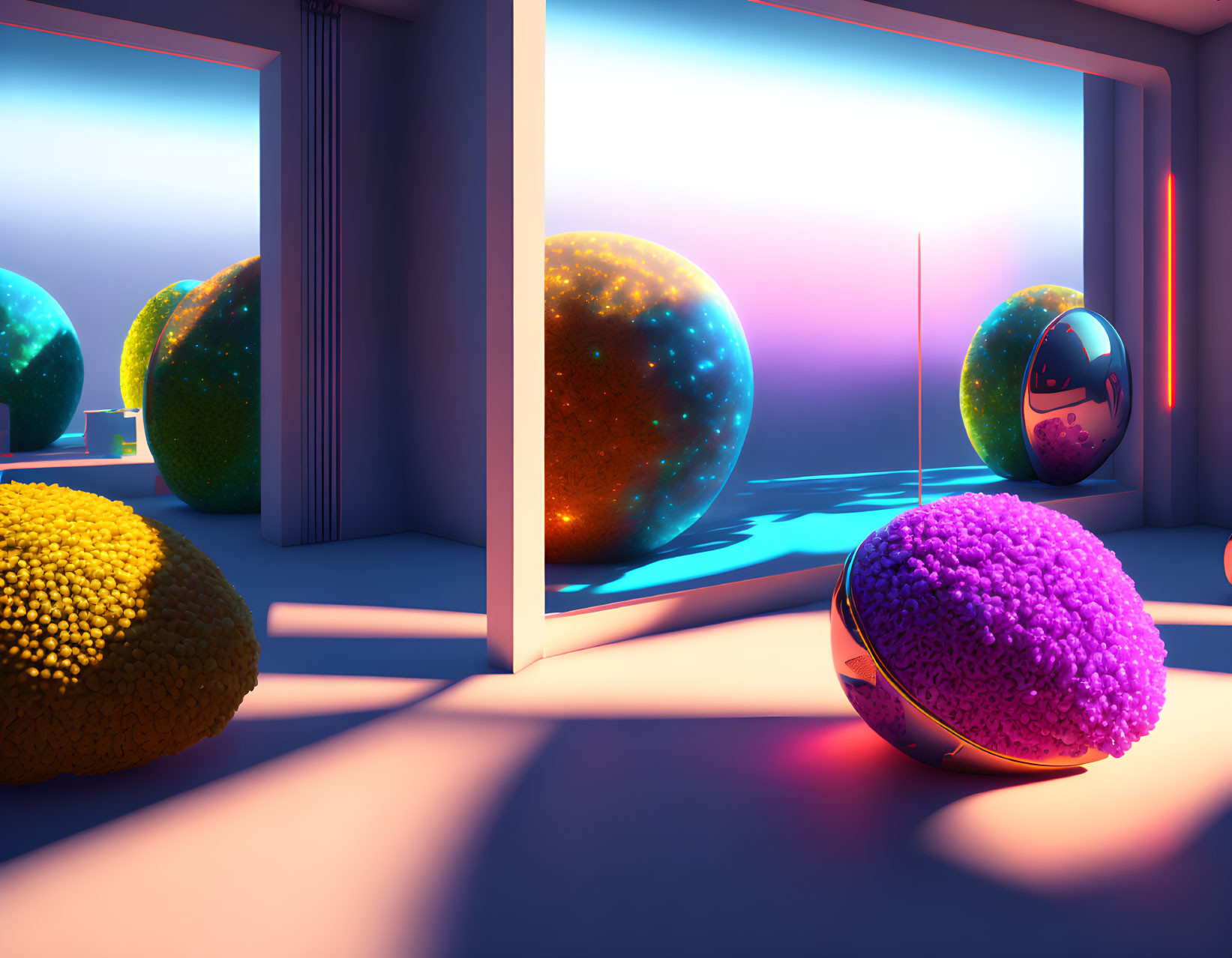 Colorful 3D-rendered room with floating spheres in surreal sunset lighting