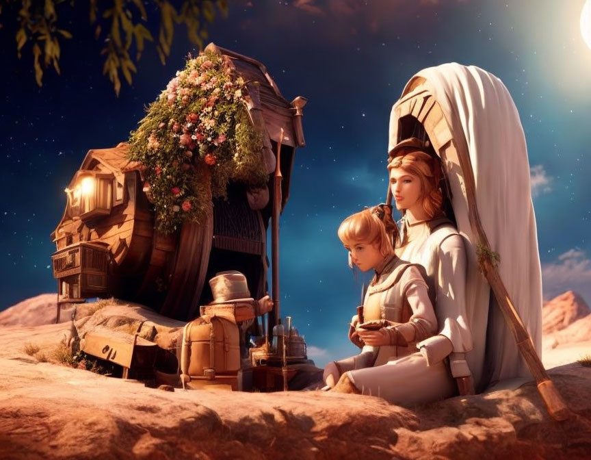 Woman and child in desert oasis at dusk with wooden structure and starlit sky