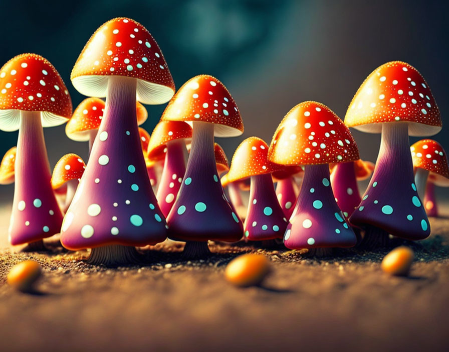 Colorful whimsical mushroom illustration on moody background