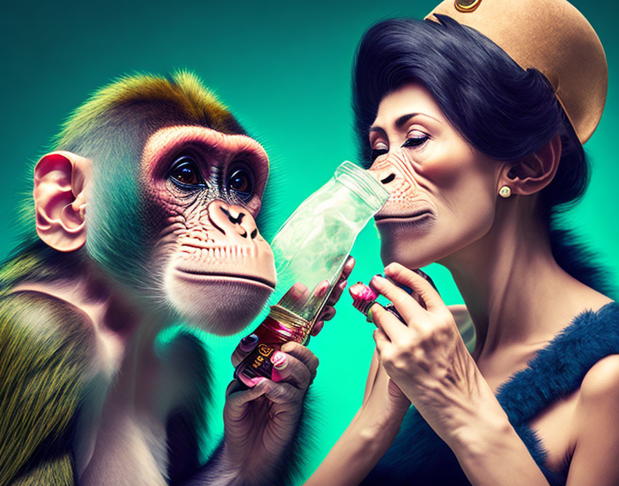 Colorful Artwork: Monkey in Hat with Stylish Woman Sharing Soda