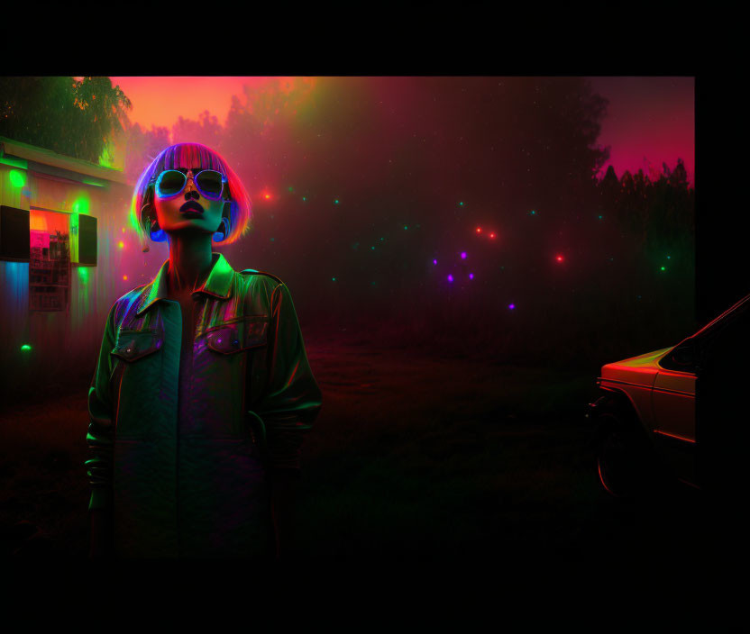 Person with sunglasses in neon-lit night scene with retro car - 1980s sci-fi aesthetic