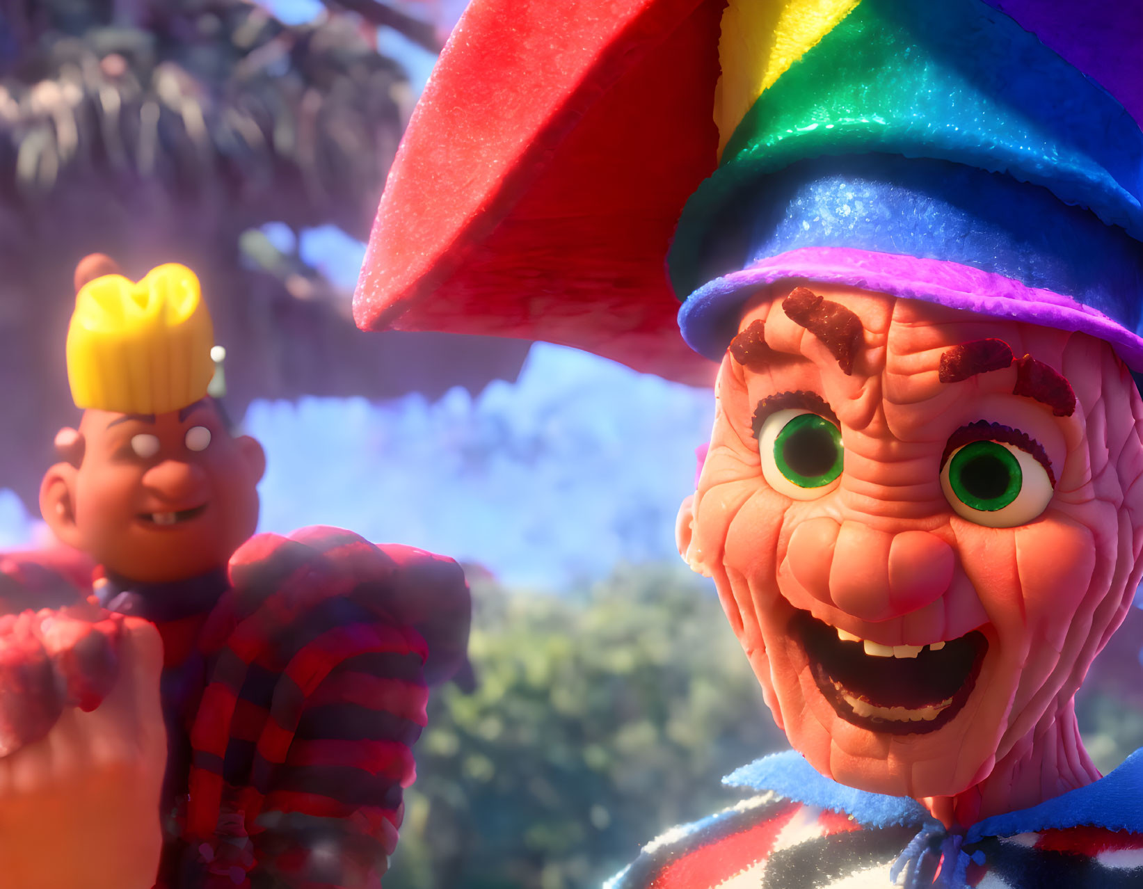 Vibrant 3D animated image of two characters with unique headwear