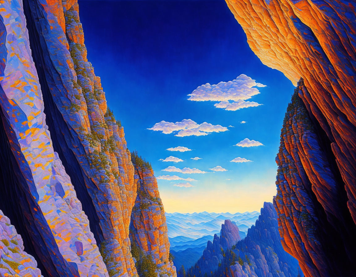 Colorful canyon painting with orange cliffs and distant mountains under a blue sky