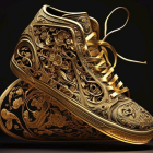 Golden futuristic sneaker with intricate patterns on dark background