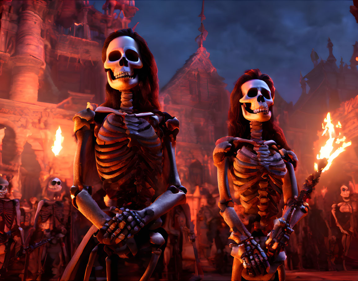 Animated skeleton characters holding hands with torches in festive environment surrounded by lively skeleton crowd and ancient buildings