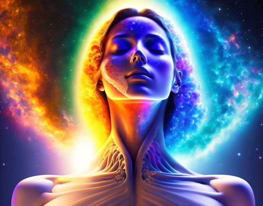 Colorful cosmic-themed artwork of a serene woman in meditative pose.