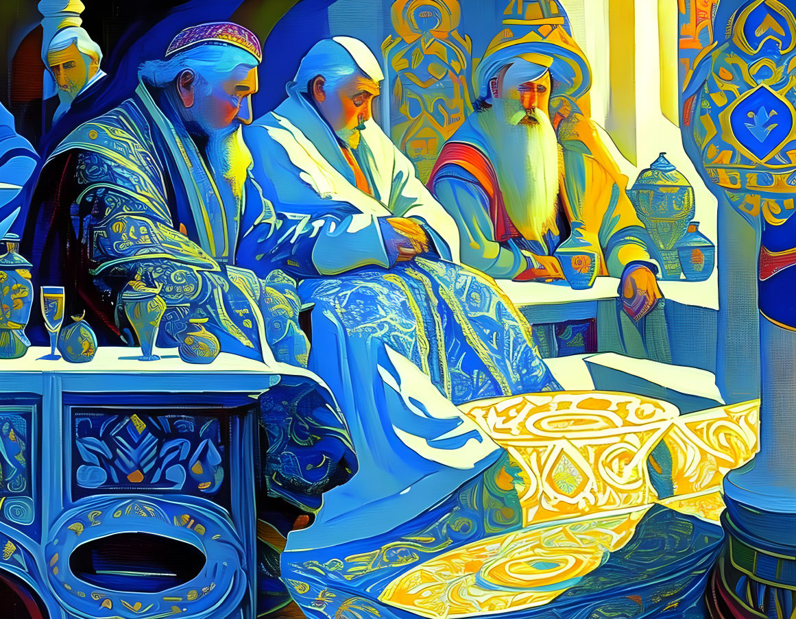 Vibrant artwork featuring four robed figures in ornate setting