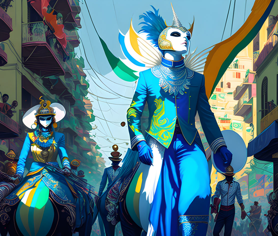 Vibrant Indian-themed characters in elaborate blue costumes.