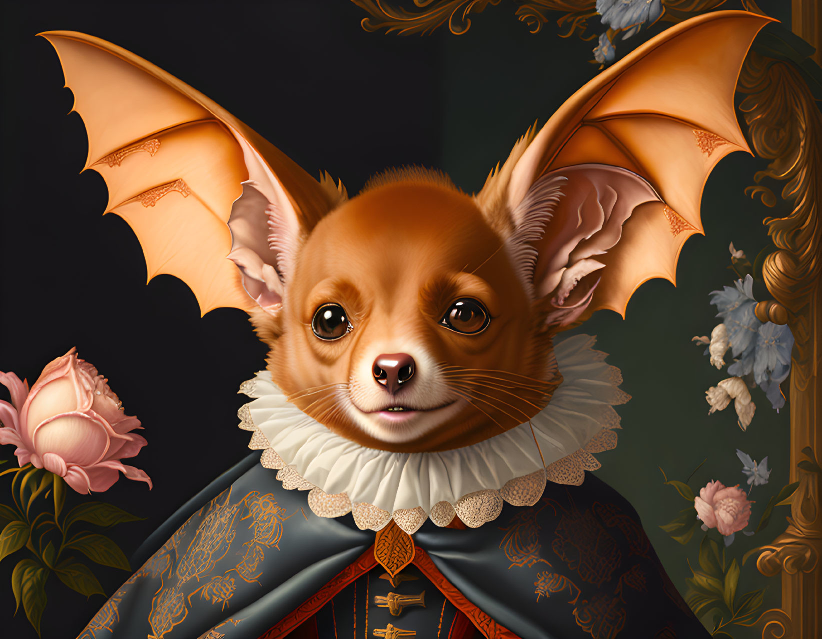 Whimsical chihuahua with bat wings in noble outfit on floral background