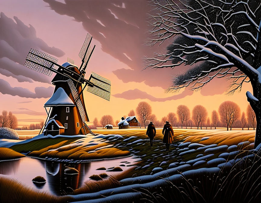 Twilight landscape with windmill, vibrant sky, silhouettes, bare tree