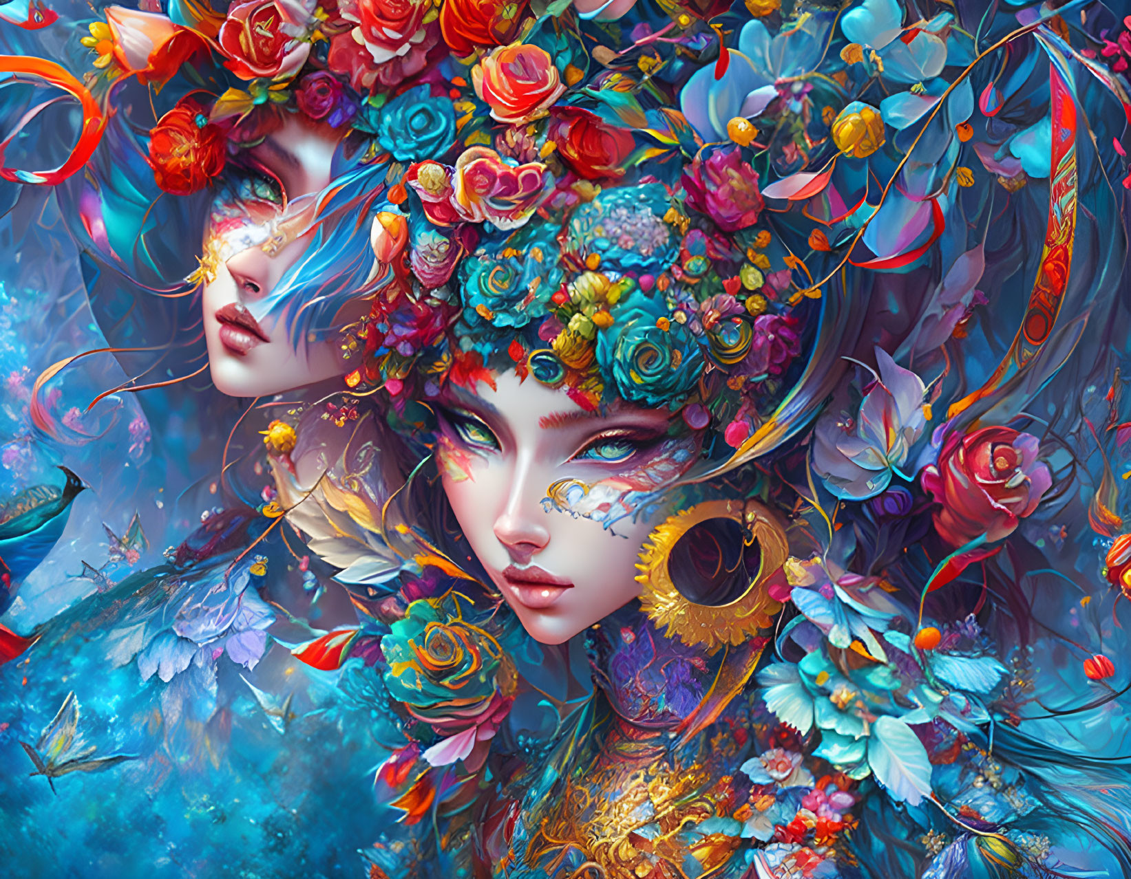 Ethereal women in vivid digital artwork with flowers and feathers