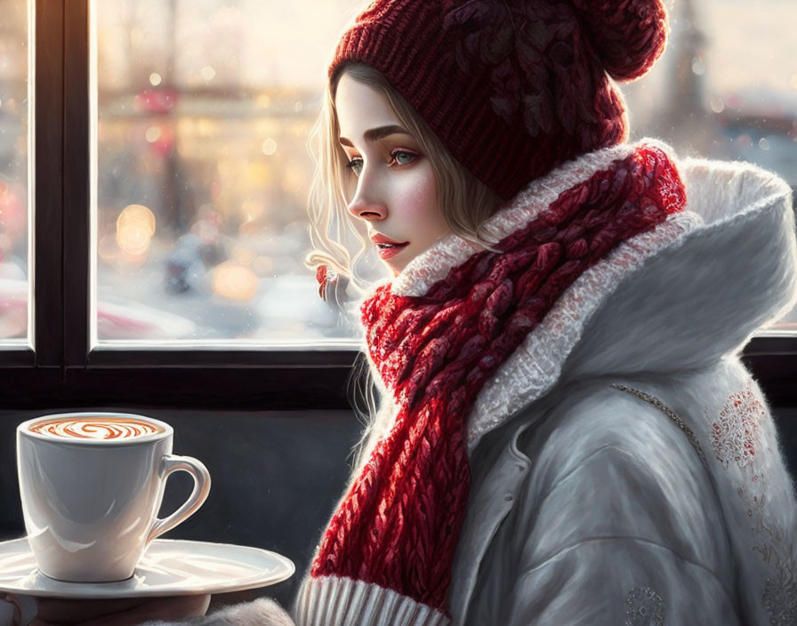 Woman in winter attire with red beanie and scarf looking out window with coffee cup