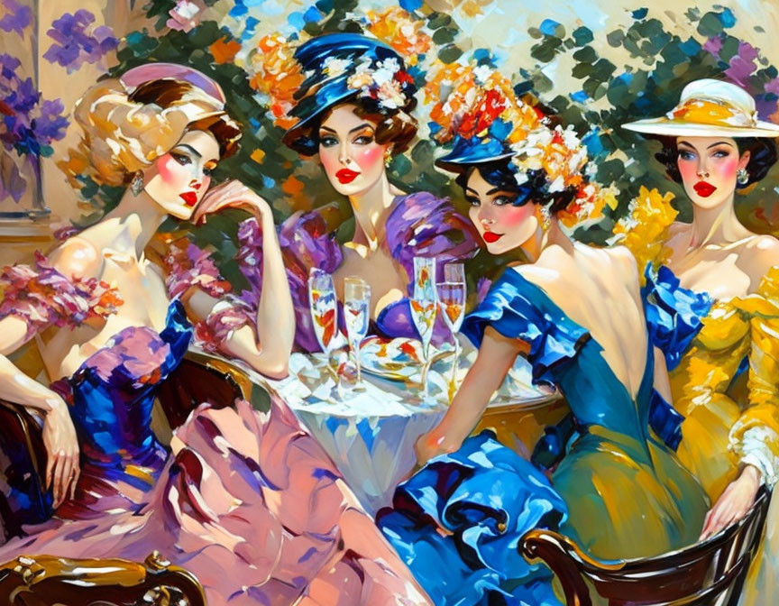 Three women in floral hats and colorful dresses at a table in a vintage setting.