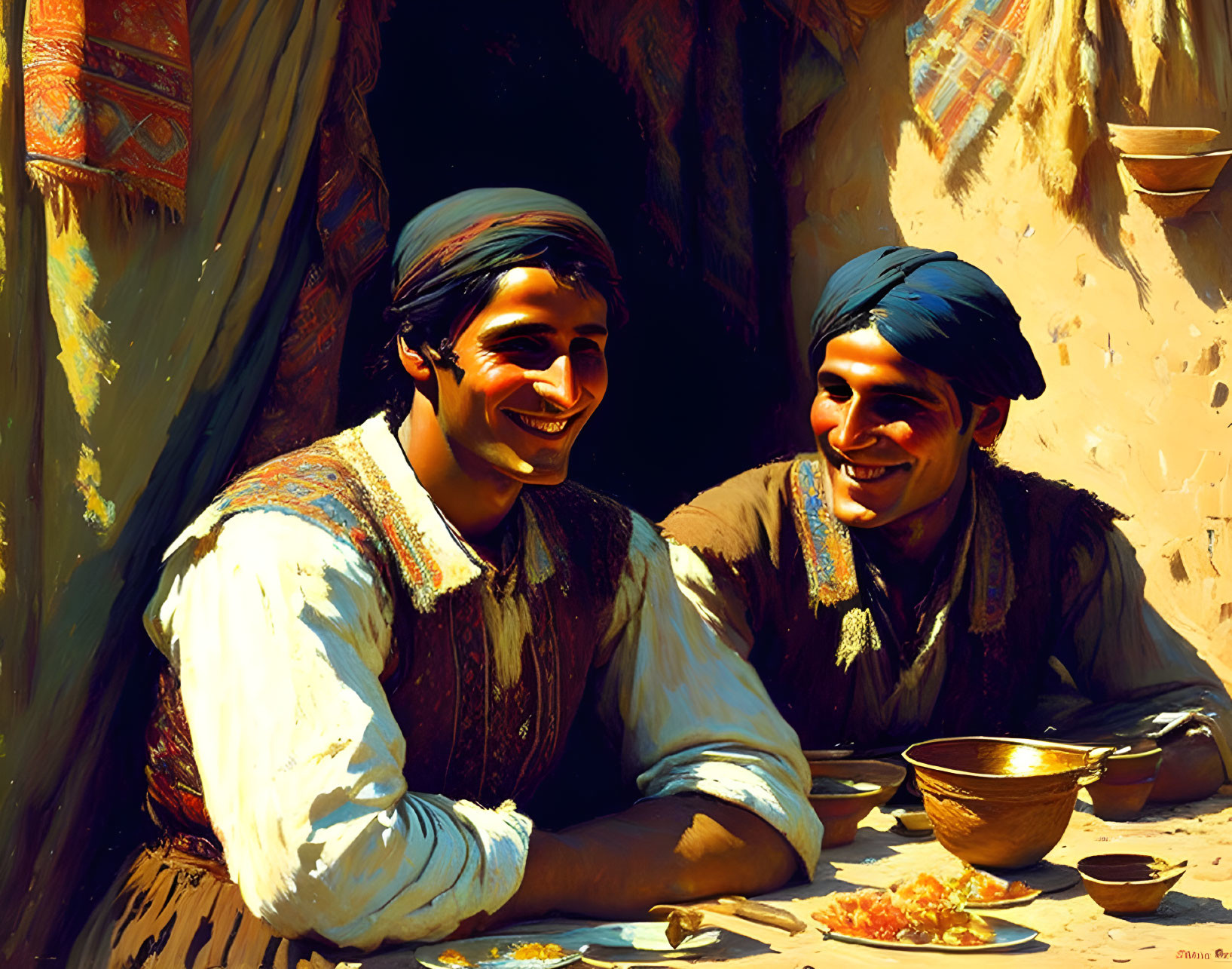 Traditional clothing men sit by entrance with bowl and petals, exuding camaraderie