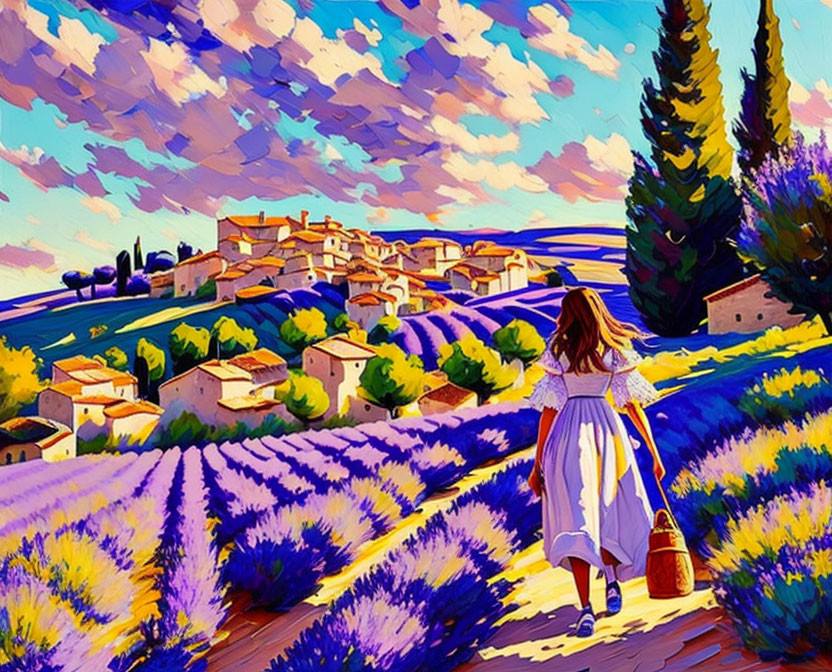 Colorful painting: Woman walking to village through lavender fields