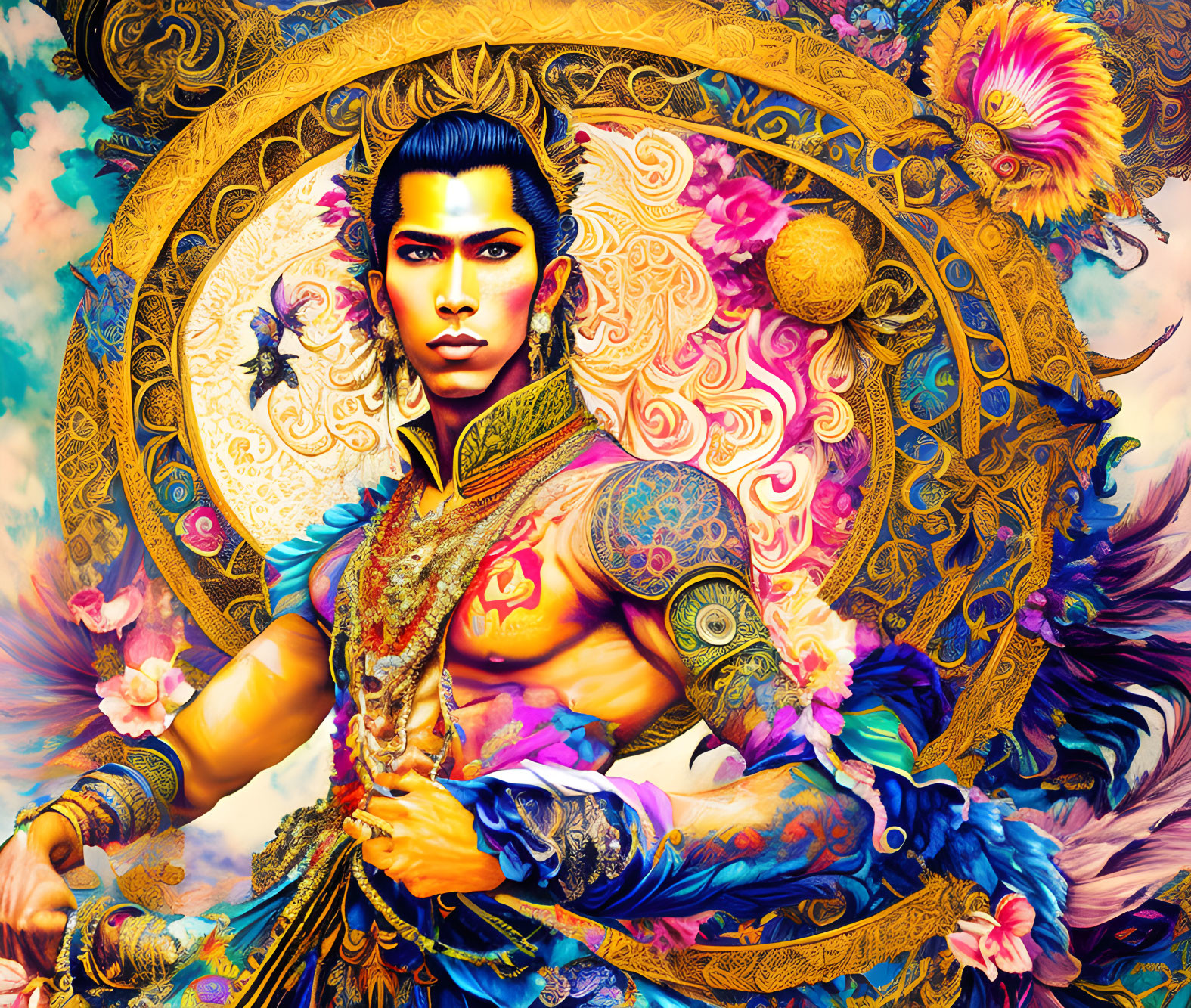 Colorful digital artwork of a tattooed man in gold jewelry and feathers on mandala background