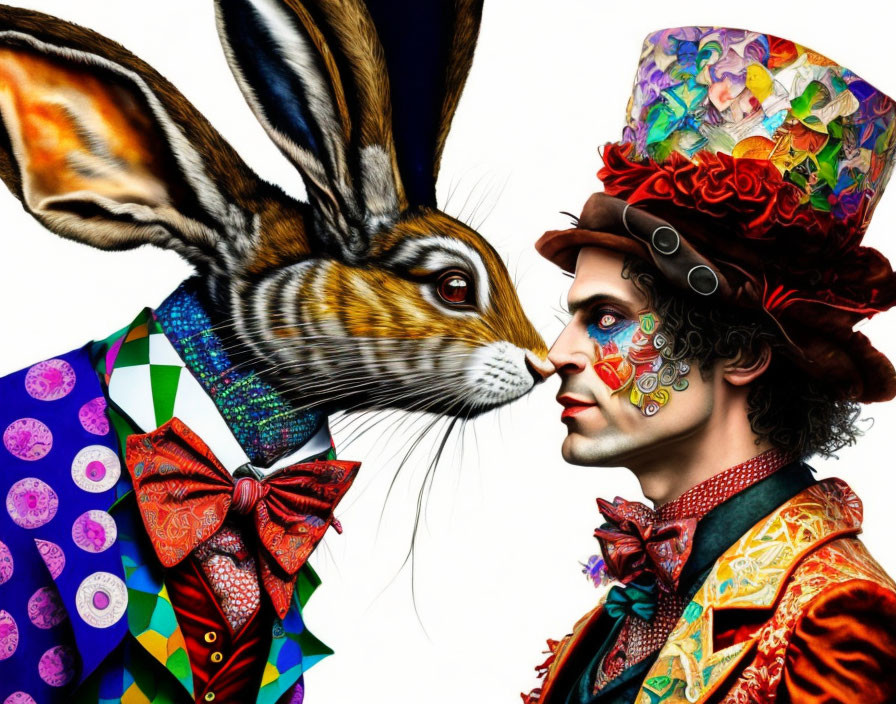 Colorful Artwork: Whimsical Man and Giant Rabbit in Vibrant Outfits