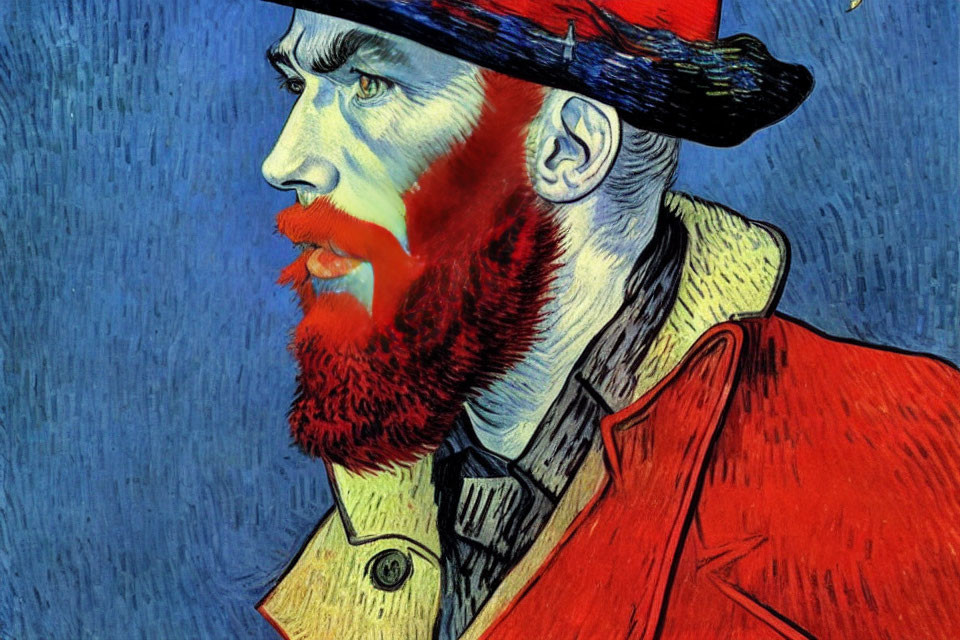 Bearded Man with Red Beard in Hat and Coat - Post-Impressionistic Style