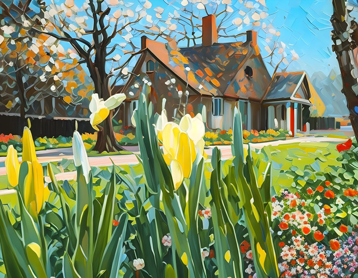 Colorful painting of quaint house, blooming garden, lush trees under blue sky