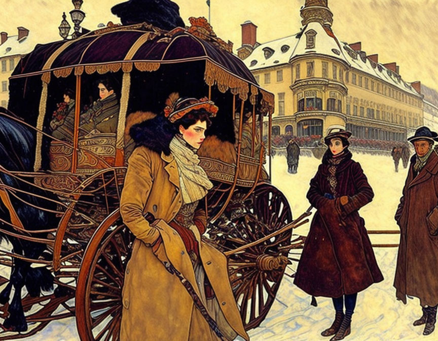 Vintage winter scene with woman exiting horse-drawn carriage