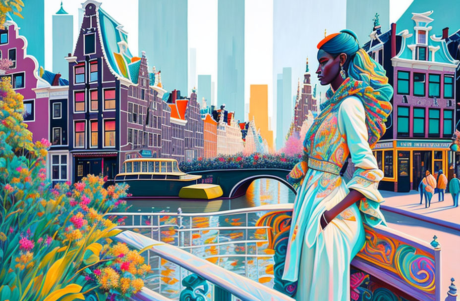 Woman in vibrant attire overlooking canal in colorful cityscape