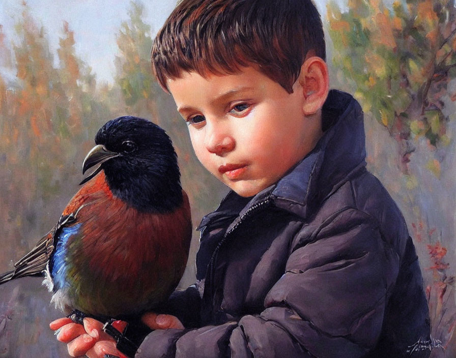 Young boy in blue jacket holds colorful bird against autumn backdrop