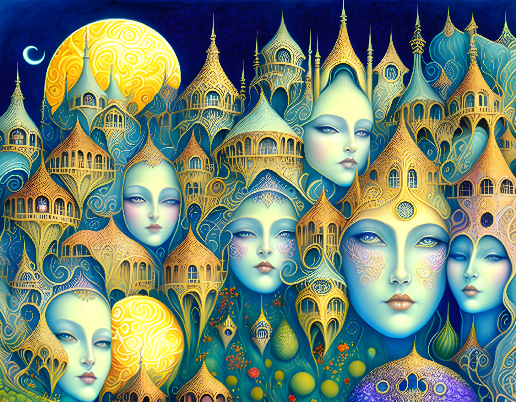 Surreal artwork: ethereal faces, castle architecture, starry night sky