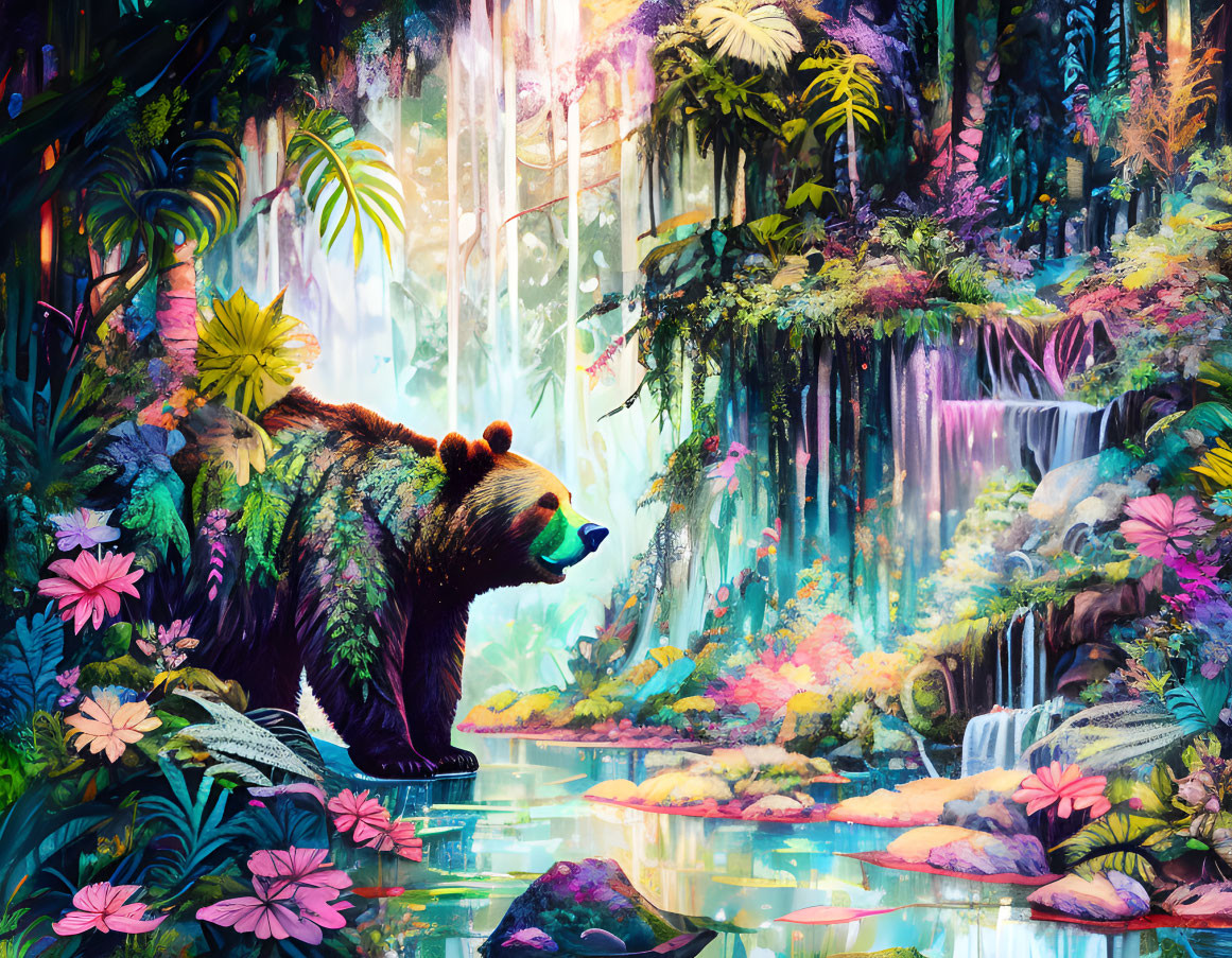 Colorful Bear in Enchanting Forest with Waterfalls