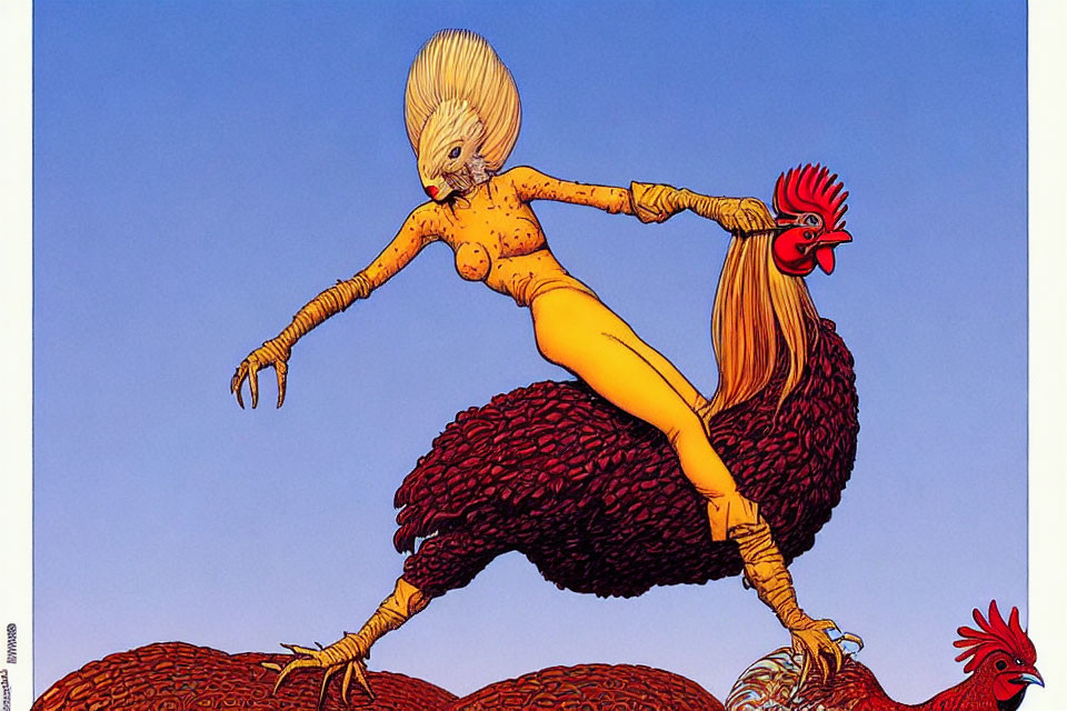 Surreal humanoid creature on rooster in barren landscape