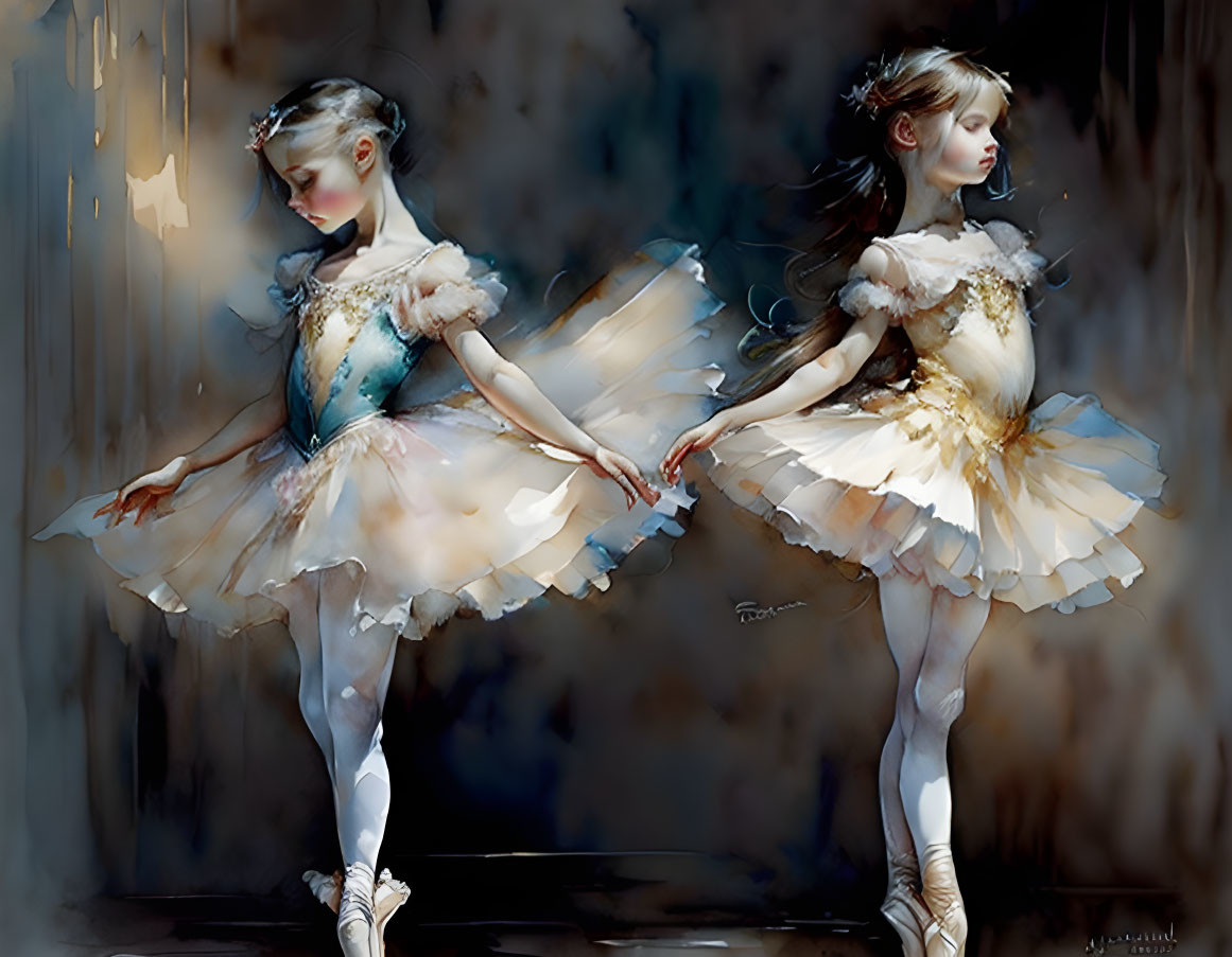 Ballet dancers in tutus mirrored with dreamy elegance