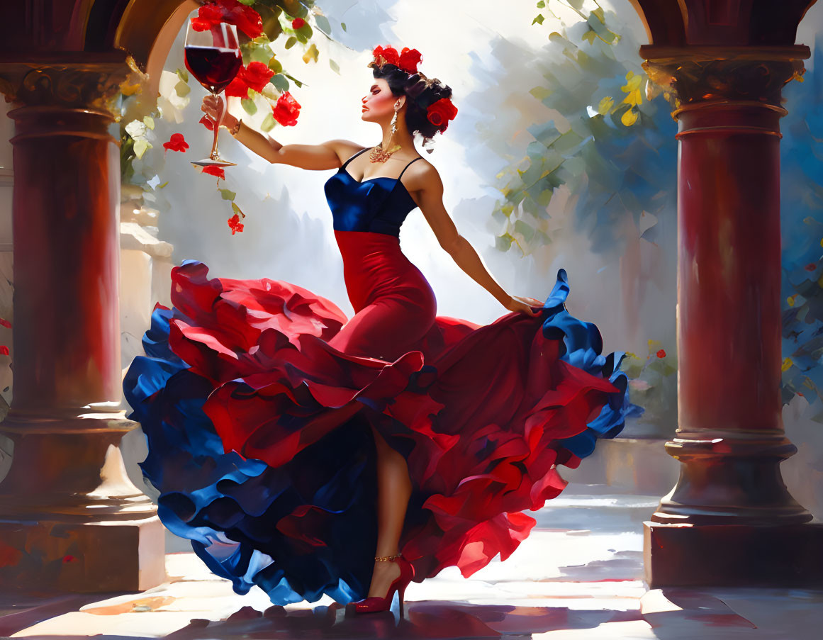 Flamboyant dancer in ruffled red and blue dress with glass of wine under sunlight.