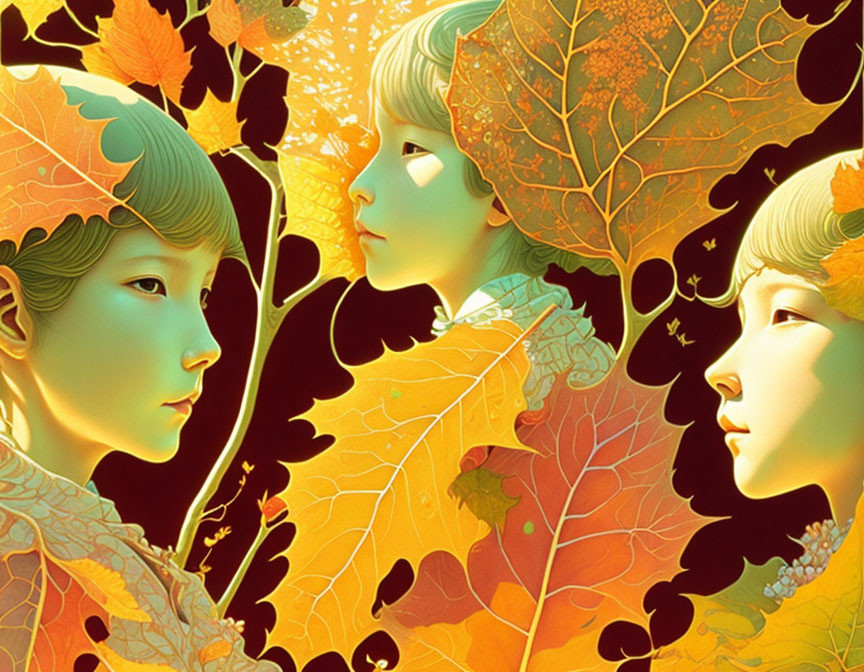 Stylized faces blend with golden autumn leaves in warm hues