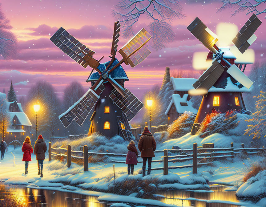 Winter Scene: Frozen Canal, Illuminated Houses, Windmills at Dusk