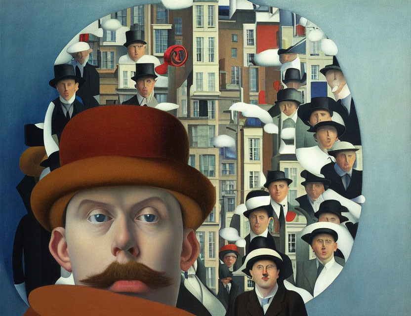 Surrealist painting with oversized face and bowler hats against cityscape