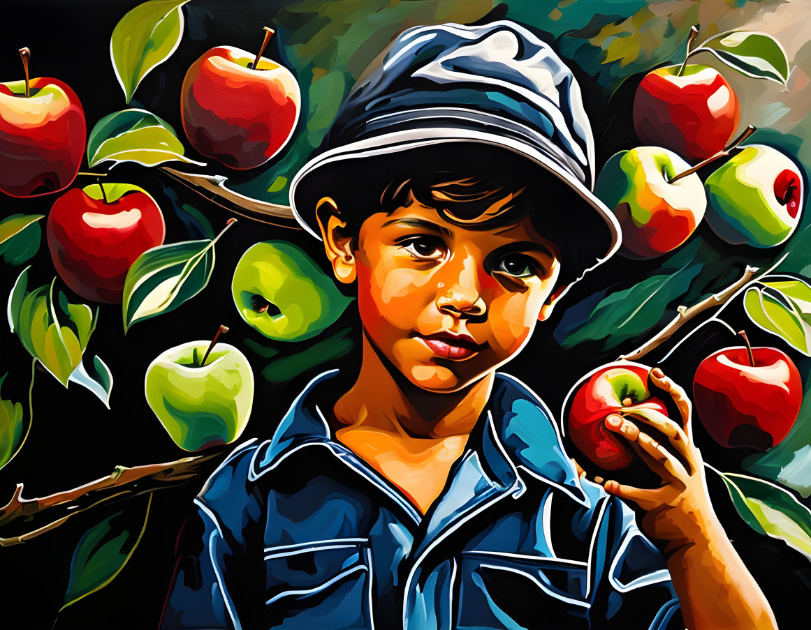 Vibrant painting of child with apple and fruit tree